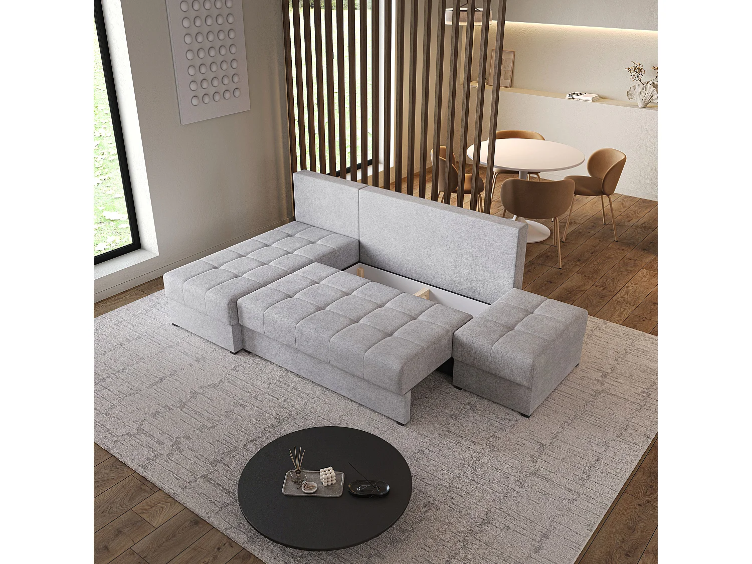Hoekbank NORVI van fluweel met slaapfunctie Hellgrau