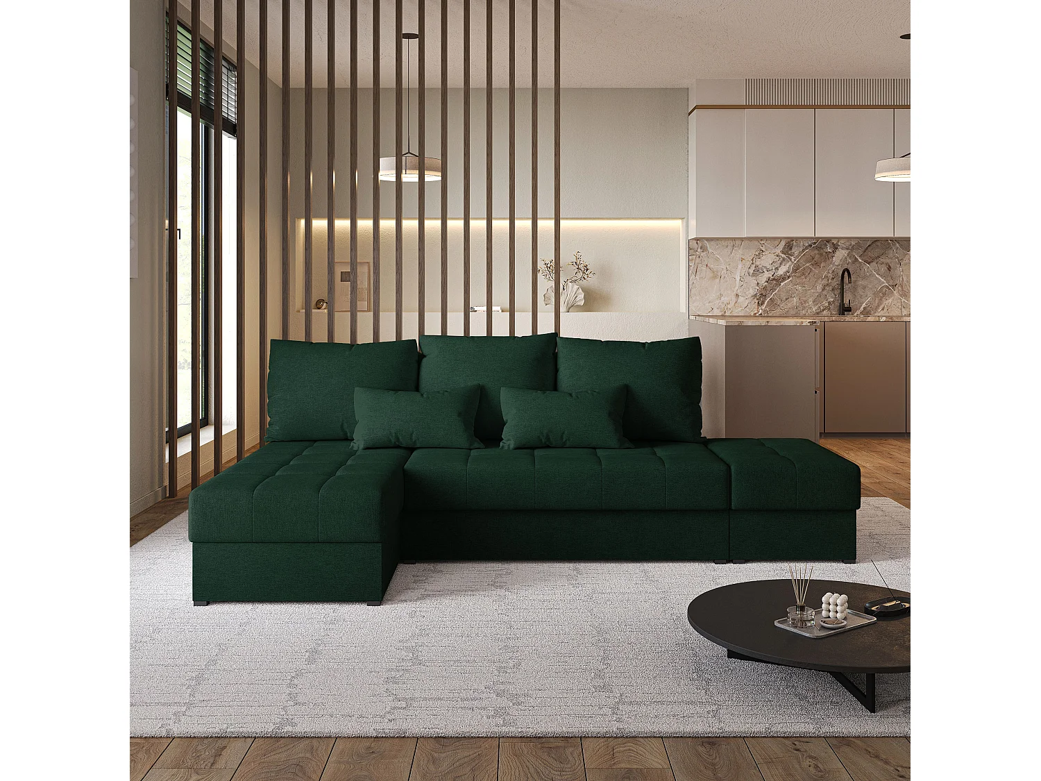 Hoekbank NORVI van fluweel met slaapfunctie Grün