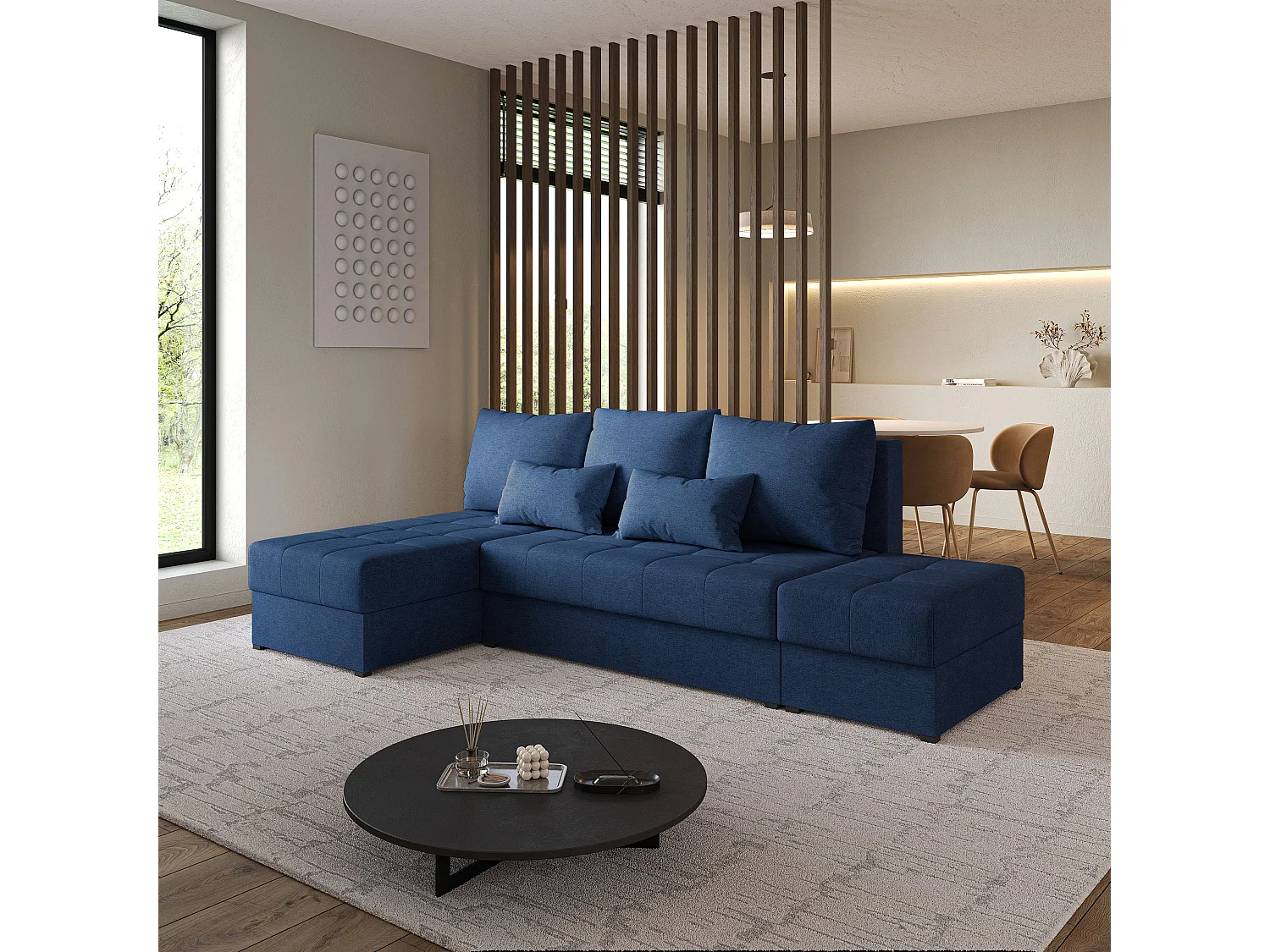 Hoekbank NORVI van fluweel met slaapfunctie Blau