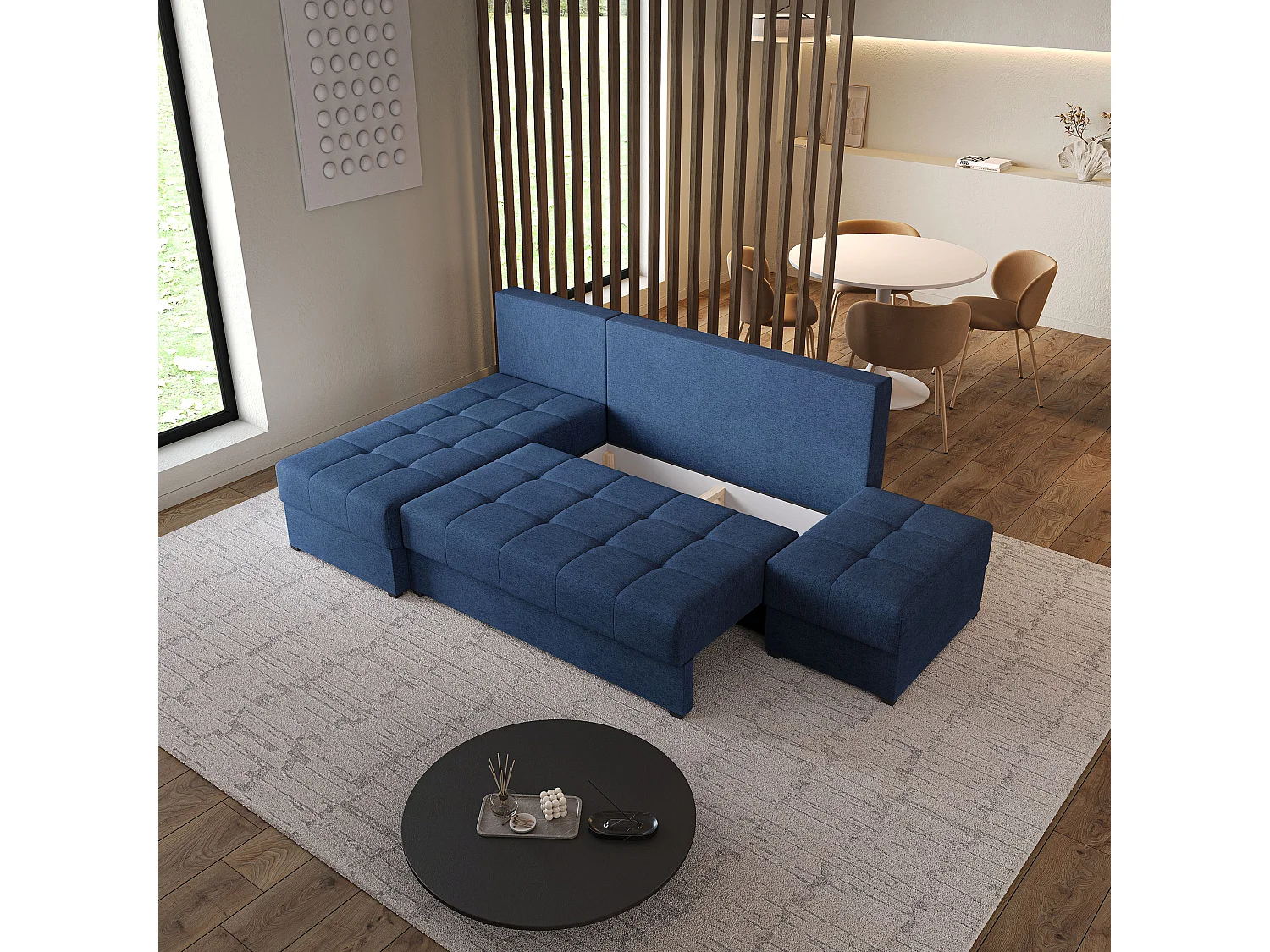 Hoekbank NORVI van fluweel met slaapfunctie Blau
