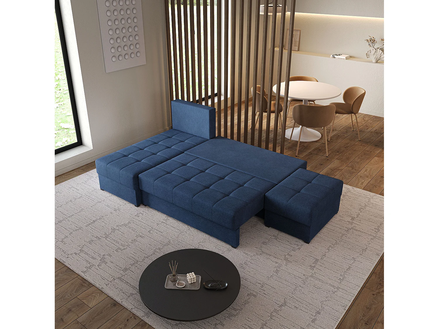 Hoekbank NORVI van fluweel met slaapfunctie Blau
