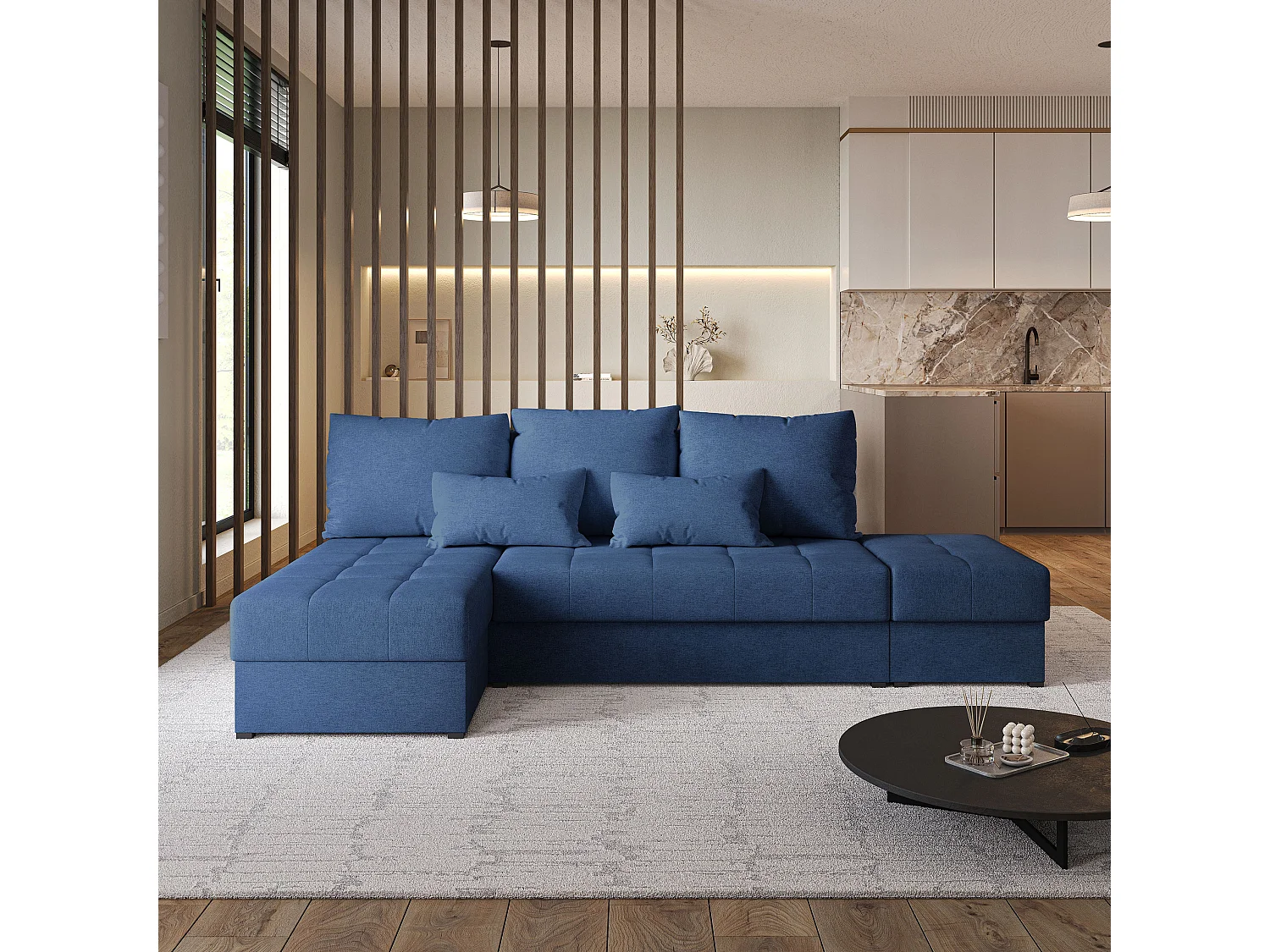 Hoekbank NORVI van fluweel met slaapfunctie Blau