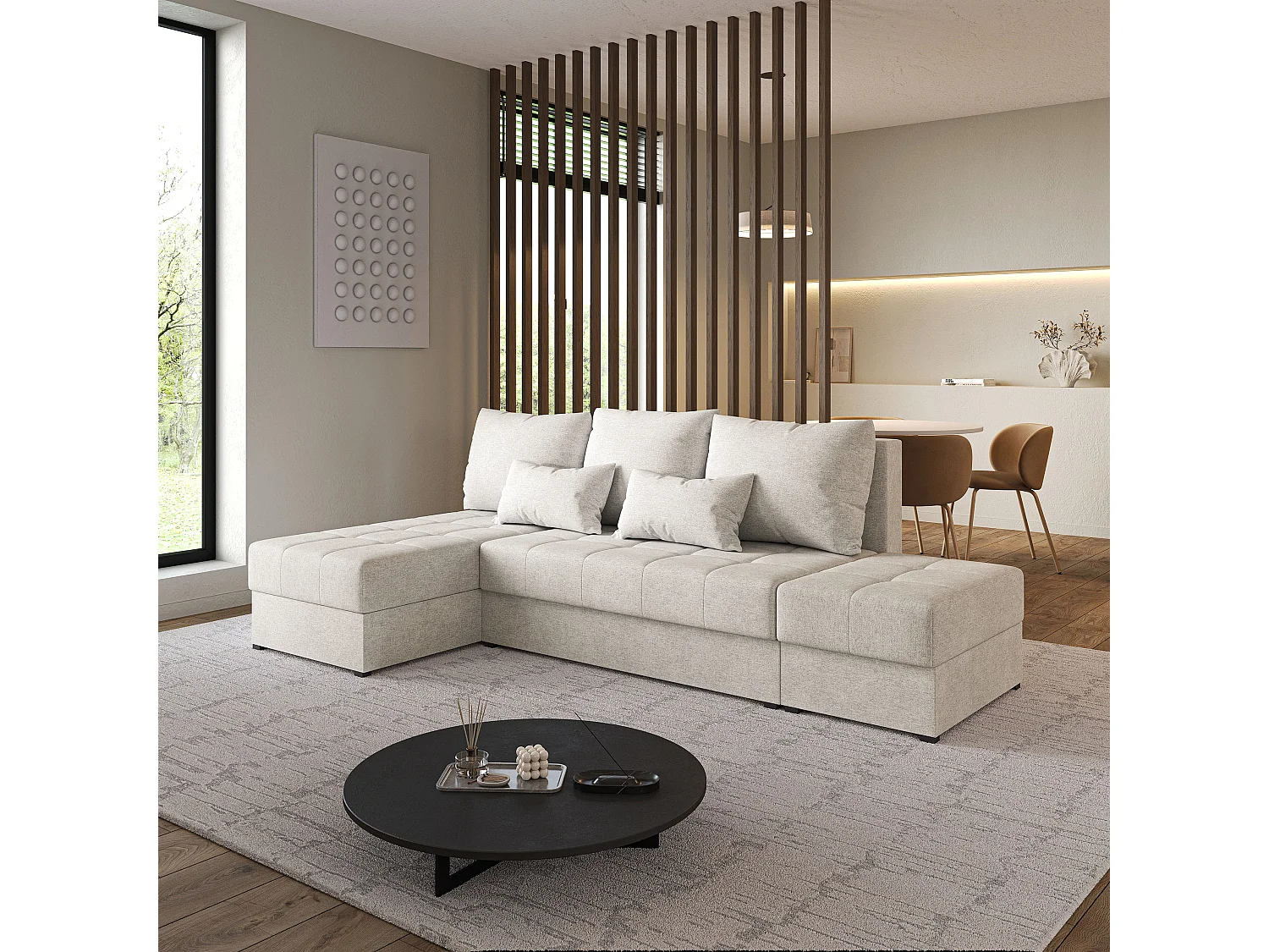 Hoekbank NORVI van fluweel met slaapfunctie Creme