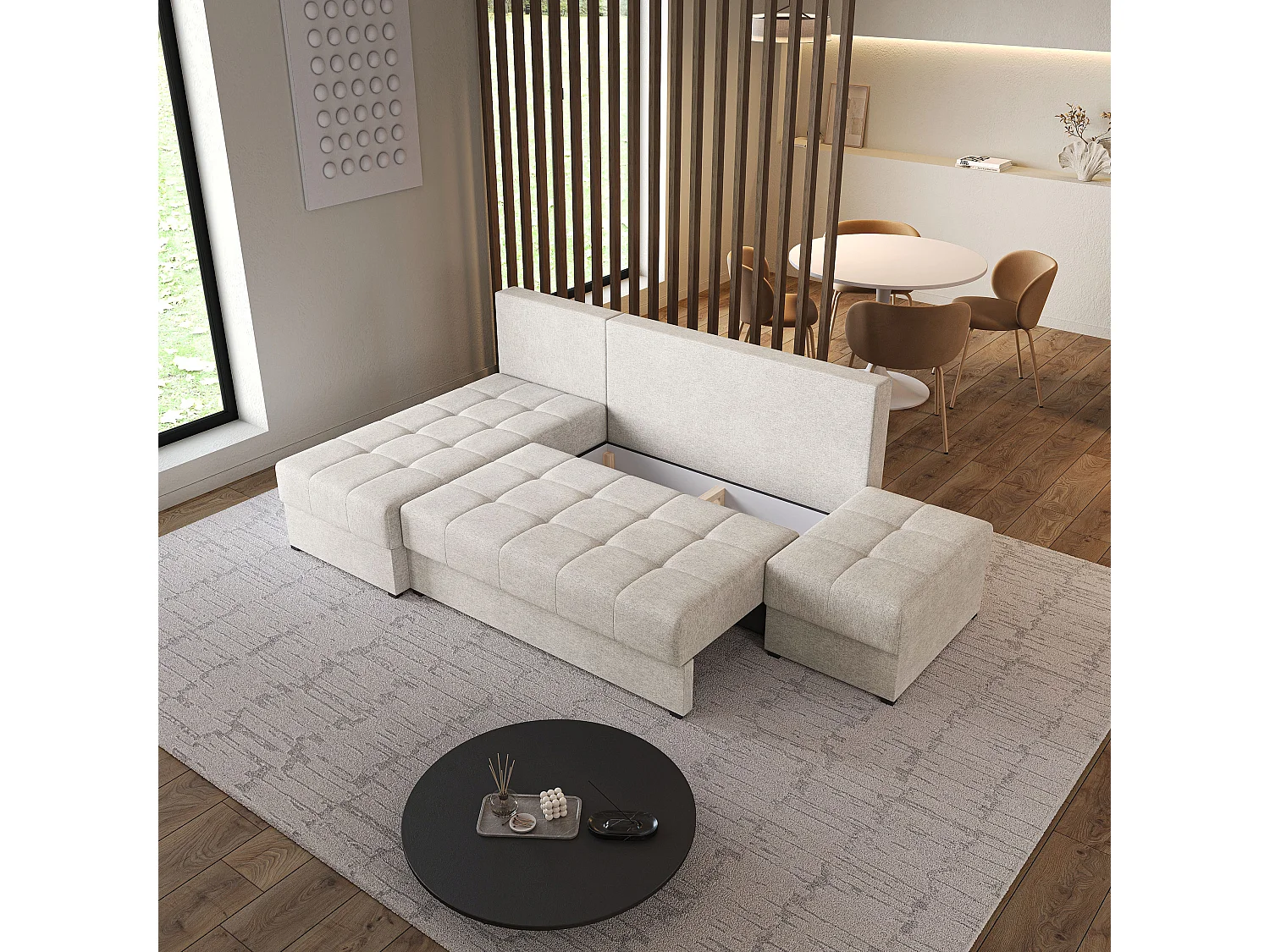 Hoekbank NORVI van fluweel met slaapfunctie Creme