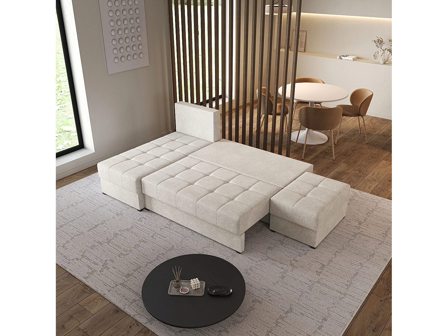 Hoekbank NORVI van fluweel met slaapfunctie Creme