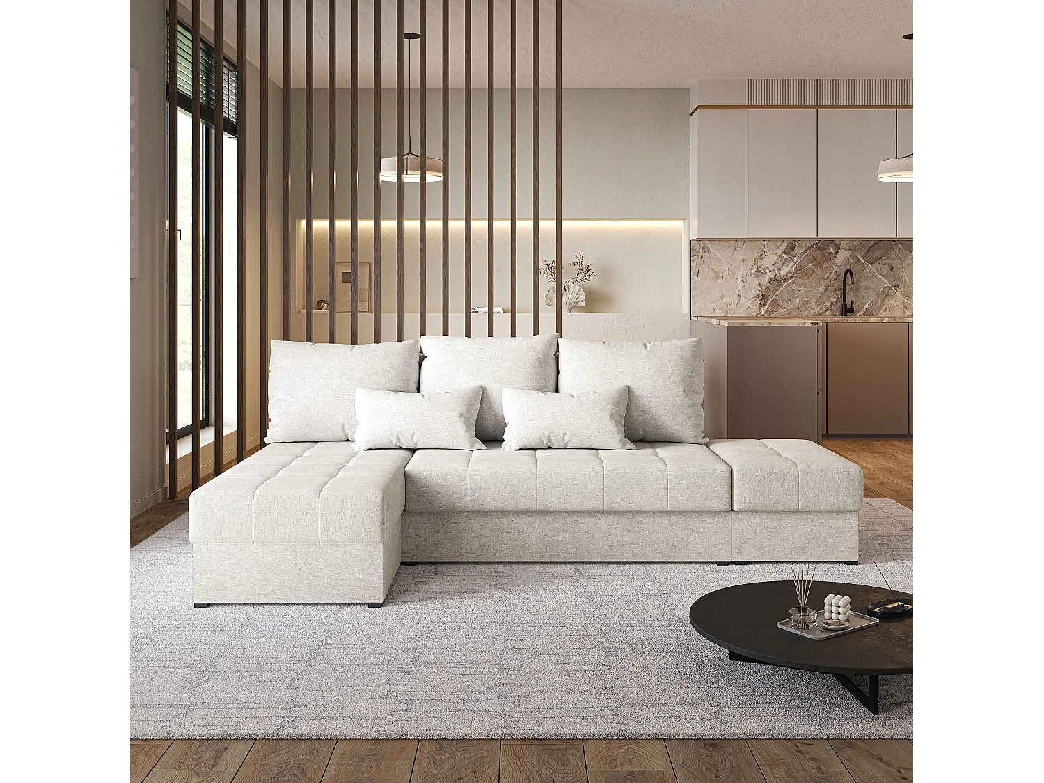 Hoekbank NORVI van fluweel met slaapfunctie Creme