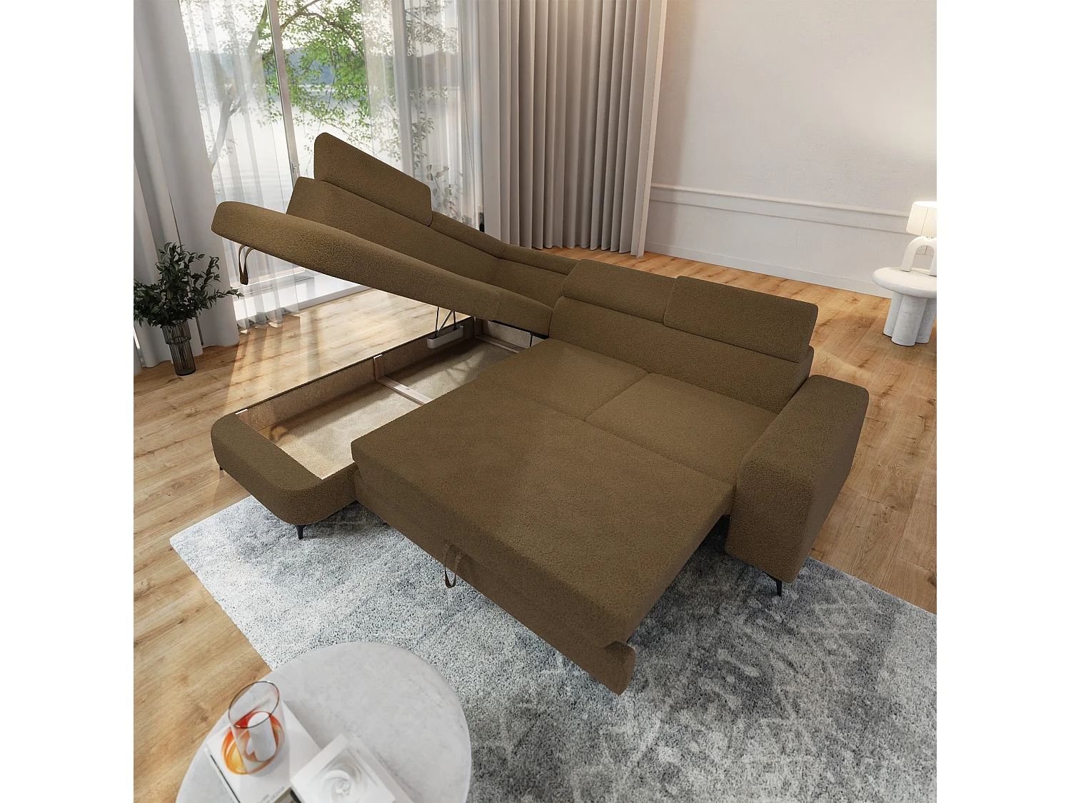 Hoekbank ALVORO van fluweel met slaapfunctie Orange