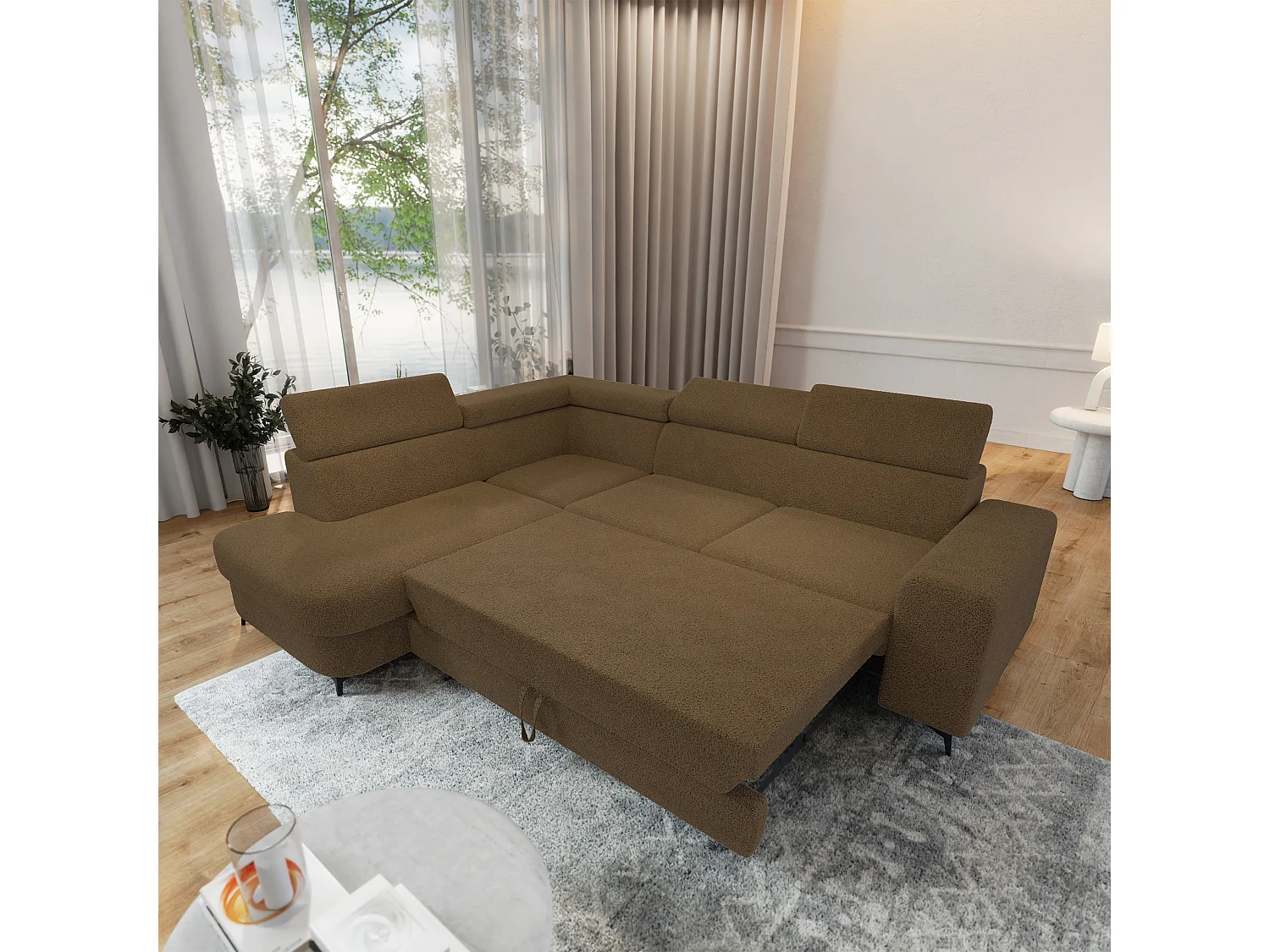 Hoekbank ALVORO van fluweel met slaapfunctie Orange