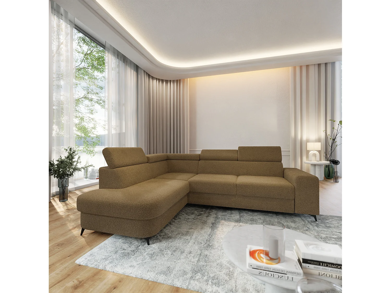 Hoekbank ALVORO van fluweel met slaapfunctie Orange