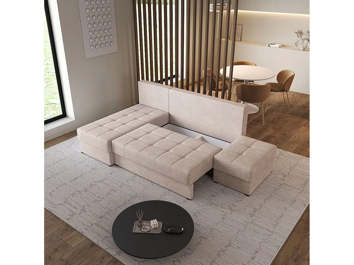 Hoekbank NORVI van fluweel met slaapfunctie Beige