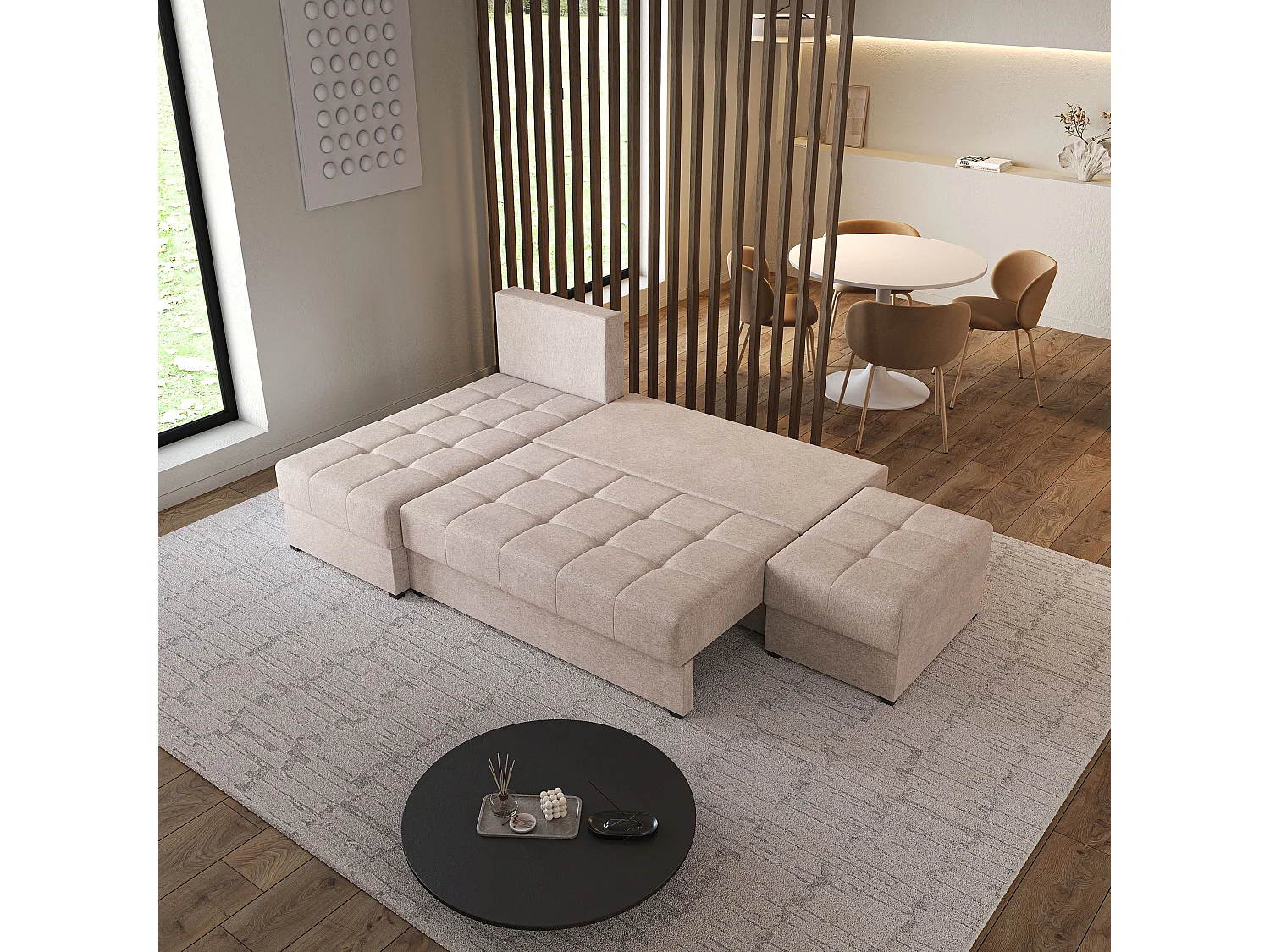 Hoekbank NORVI van fluweel met slaapfunctie Beige