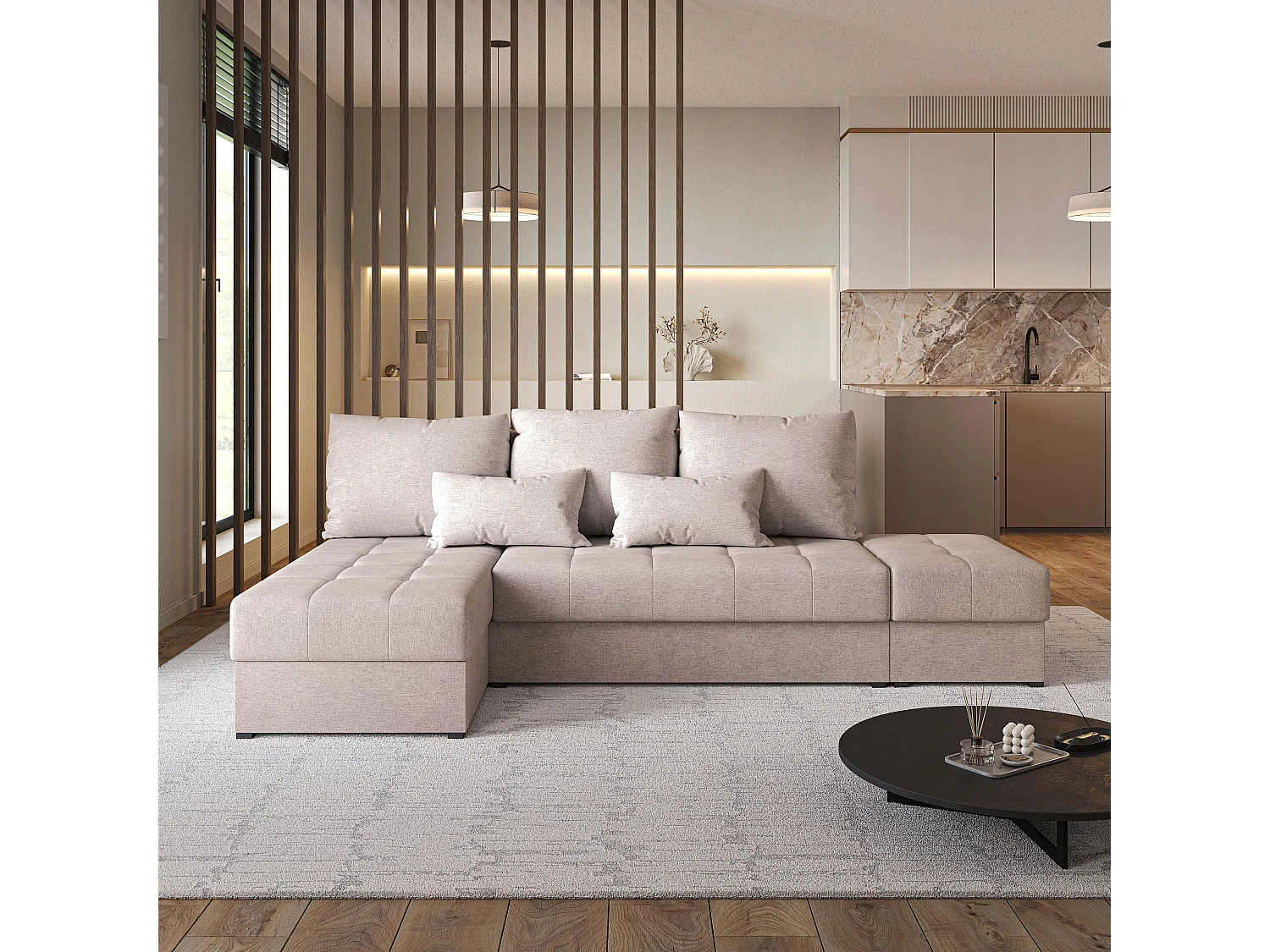 Hoekbank NORVI van fluweel met slaapfunctie Beige