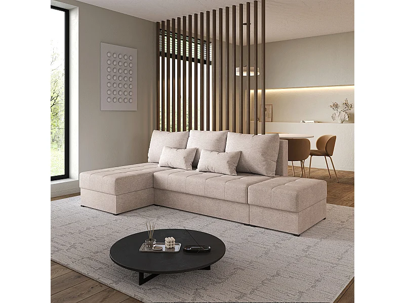 Canapé d'angle NORVI Beige en tissu texturé avec fonction de couchage