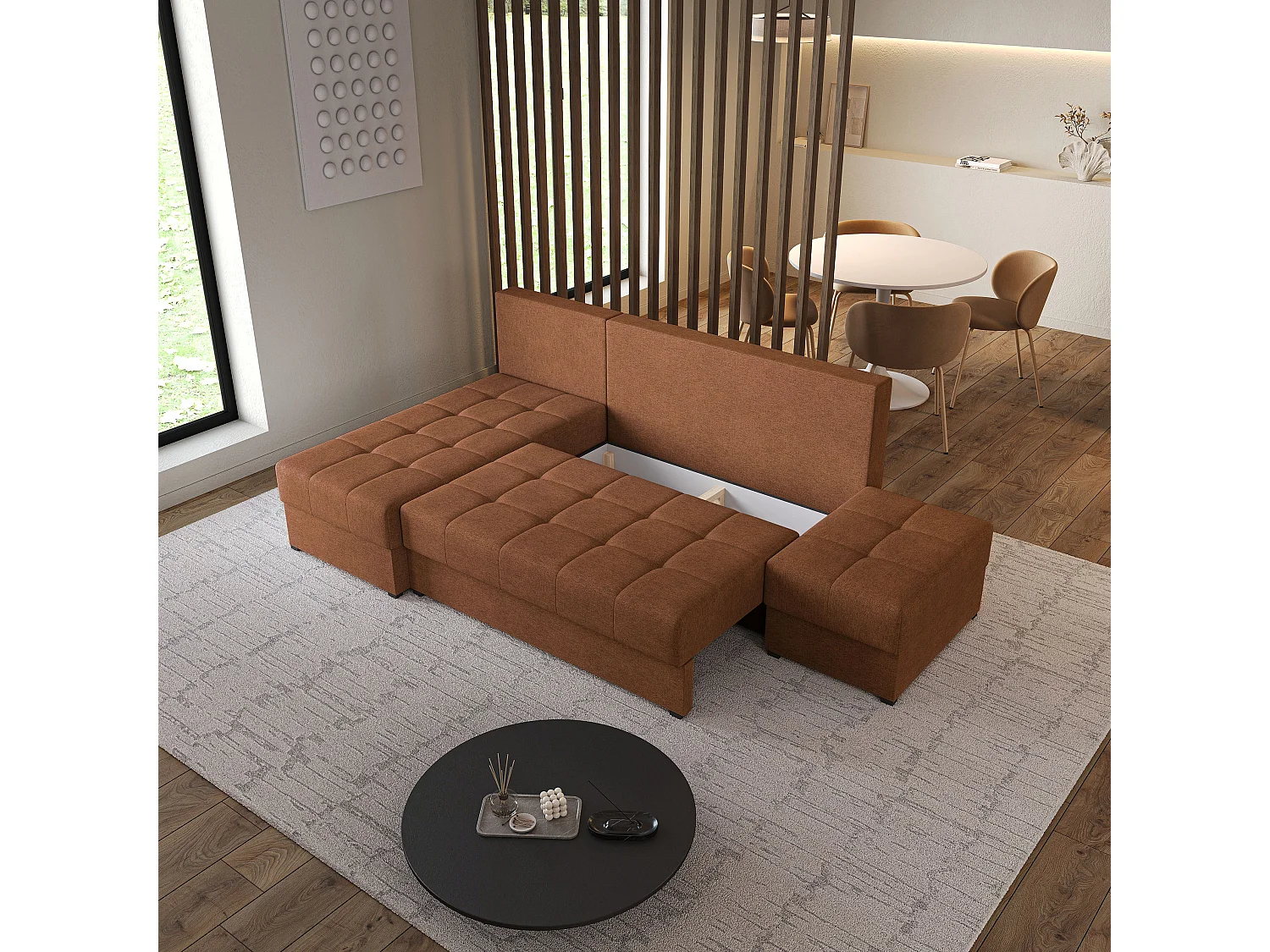 Hoekbank NORVI van fluweel met slaapfunctie Orange