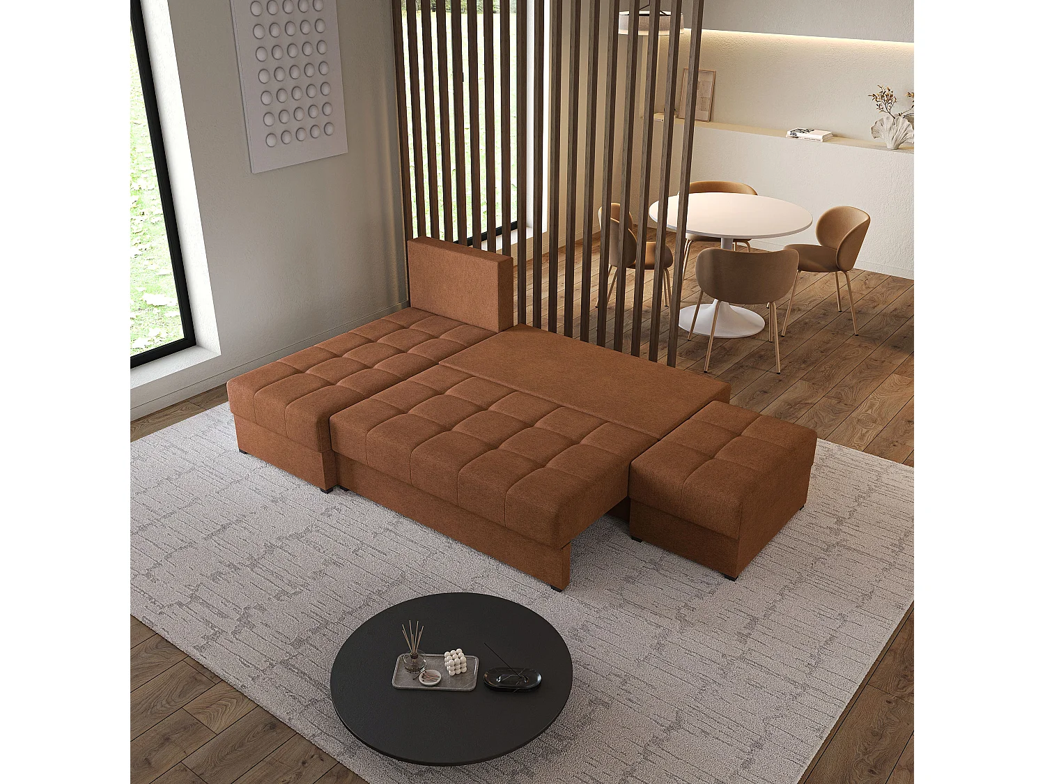 Hoekbank NORVI van fluweel met slaapfunctie Orange