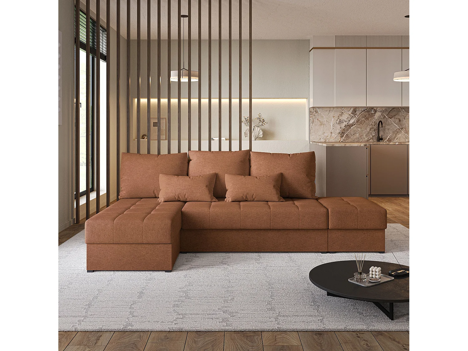 Hoekbank NORVI van fluweel met slaapfunctie Orange