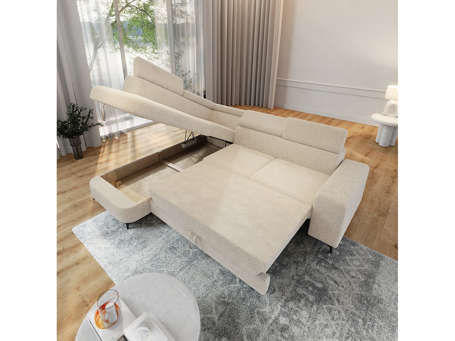 Hoekbank ALVORO van fluweel met slaapfunctie Creme