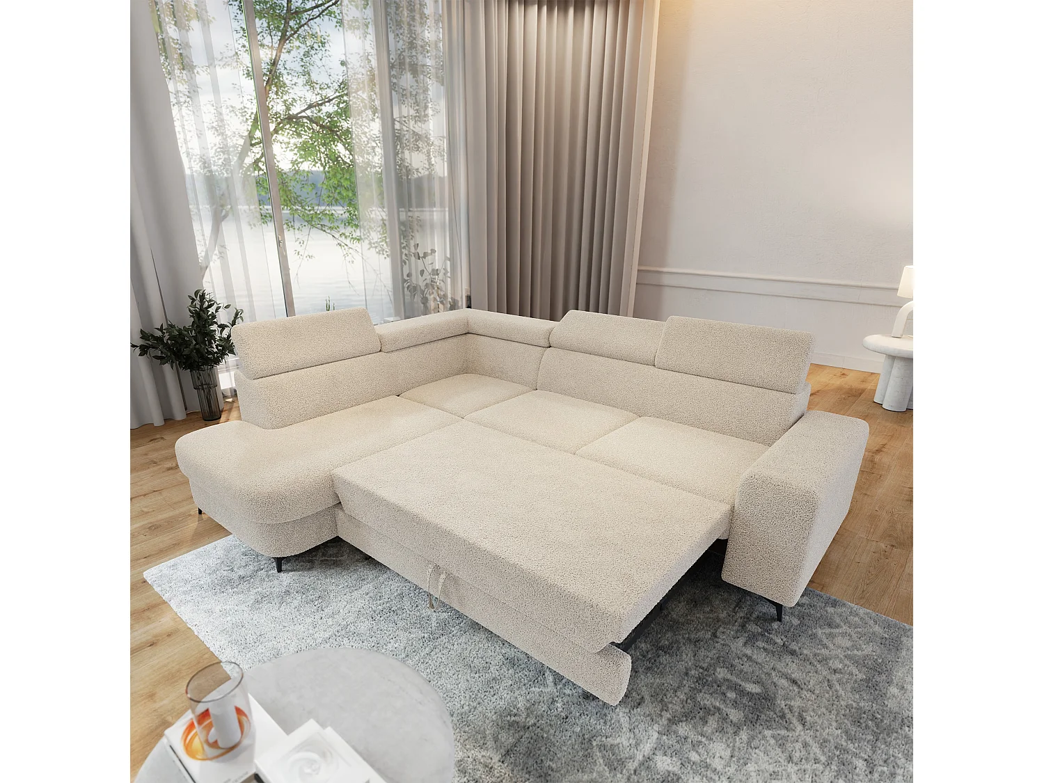 Hoekbank ALVORO van fluweel met slaapfunctie Creme