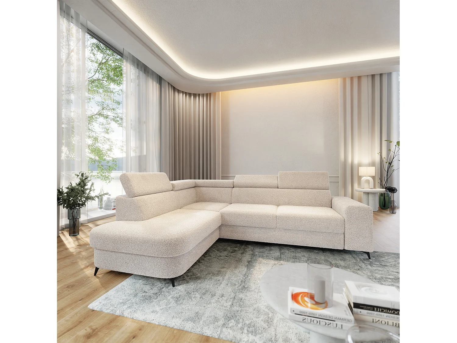 Hoekbank ALVORO van fluweel met slaapfunctie Creme