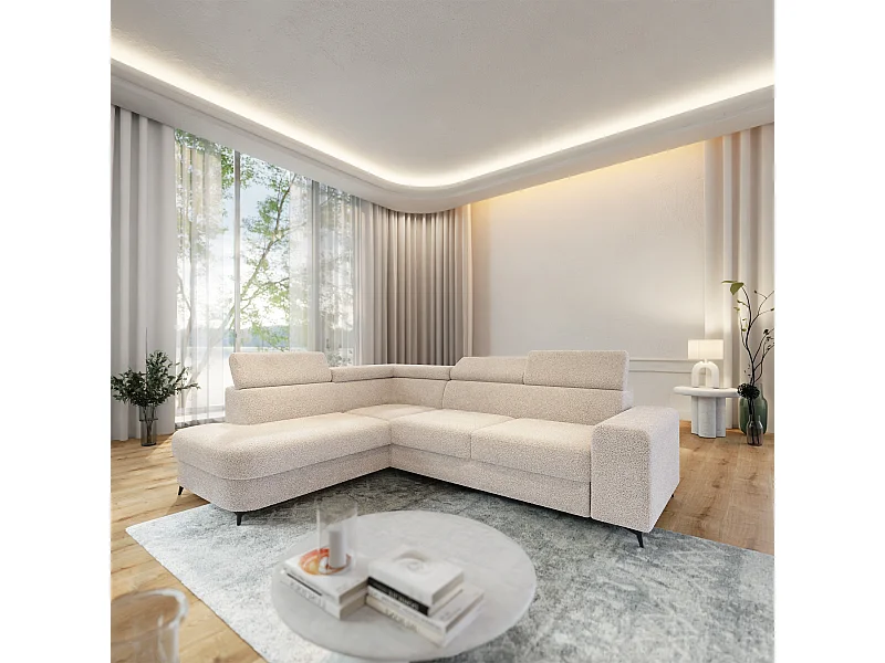 Hoekbank ALVORO van fluweel met slaapfunctie Creme