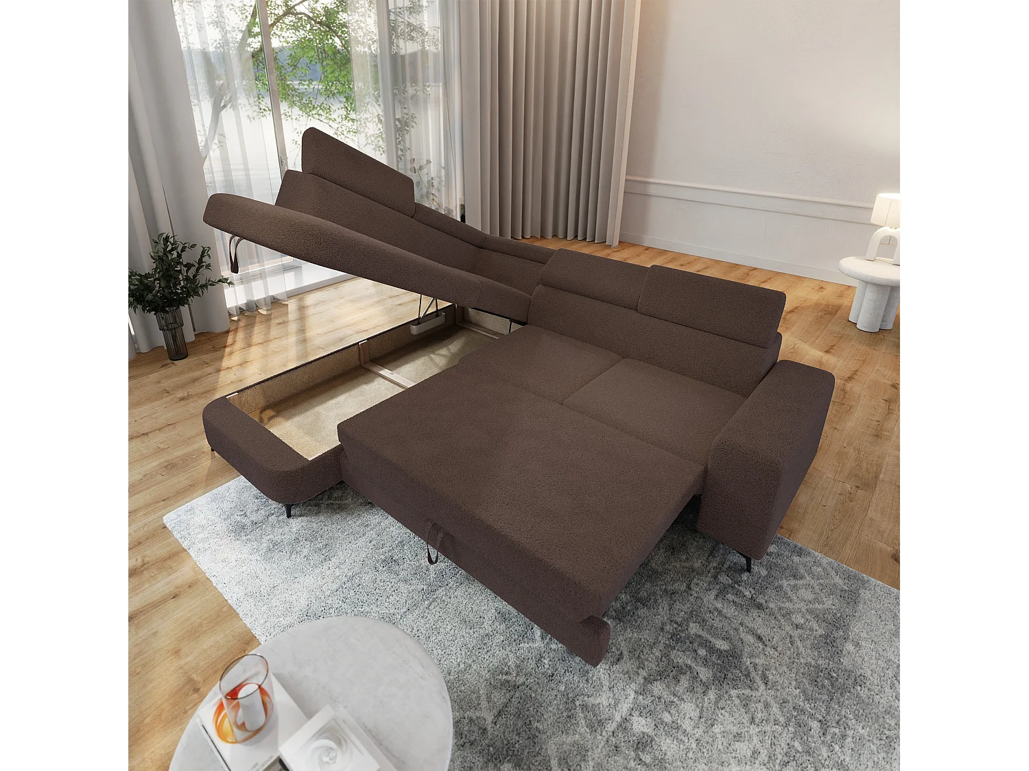 Hoekbank ALVORO van fluweel met slaapfunctie Braun