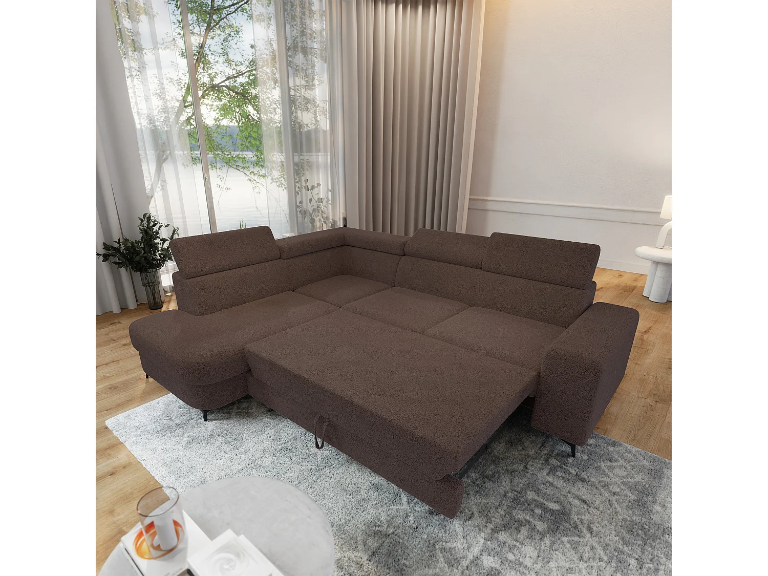 Hoekbank ALVORO van fluweel met slaapfunctie Braun