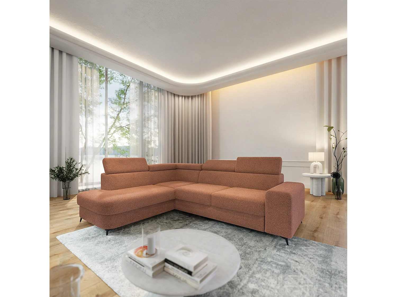 Hoekbank ALVORO van fluweel met slaapfunctie Orange
