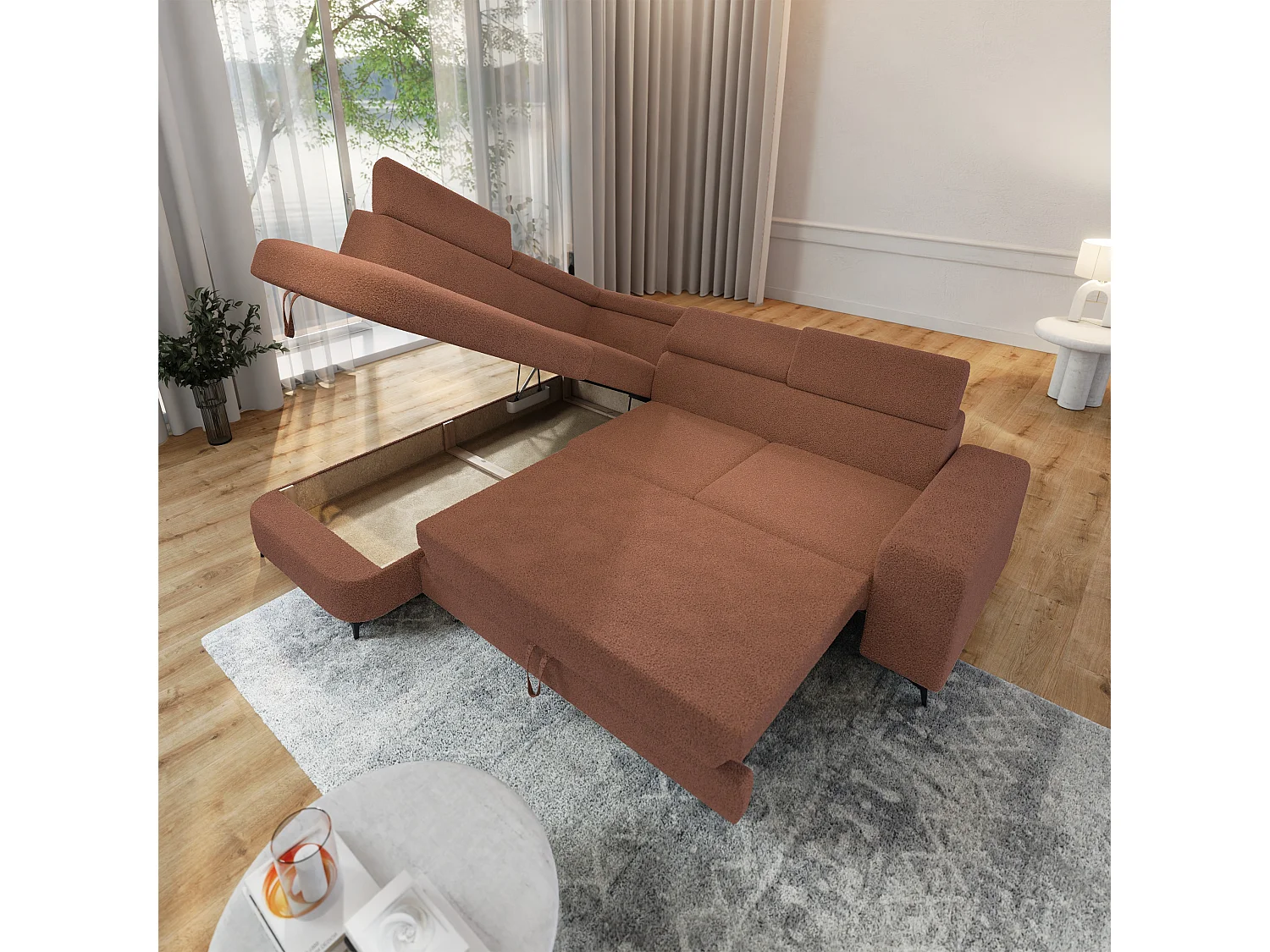 Hoekbank ALVORO van fluweel met slaapfunctie Orange