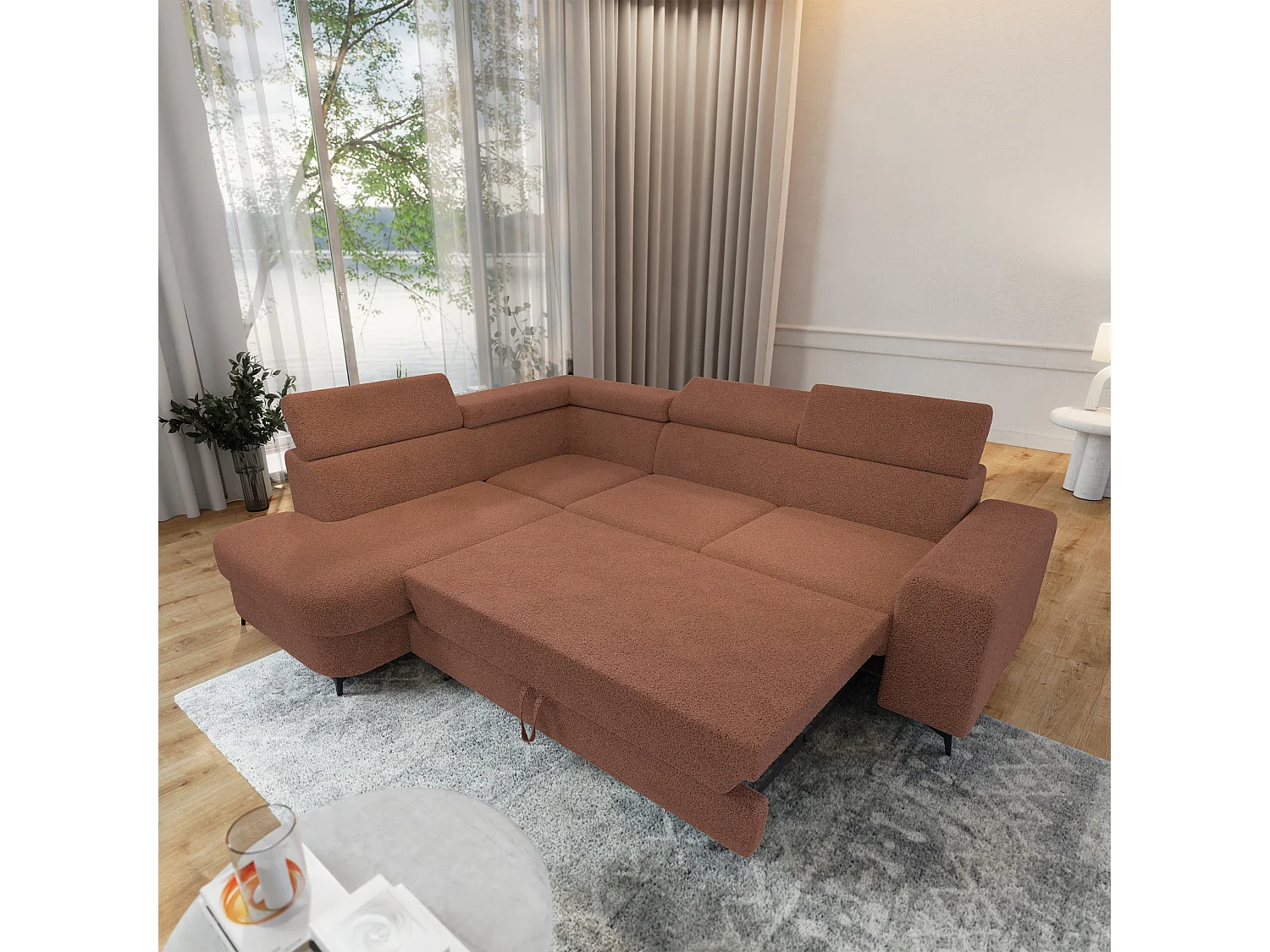 Hoekbank ALVORO van fluweel met slaapfunctie Orange