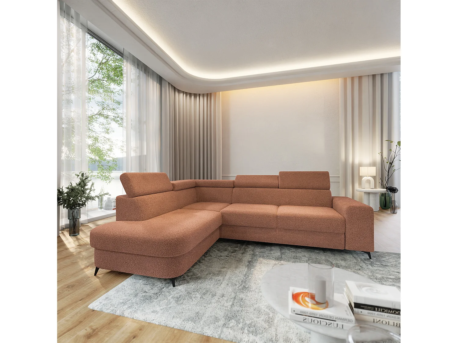 Hoekbank ALVORO van fluweel met slaapfunctie Orange