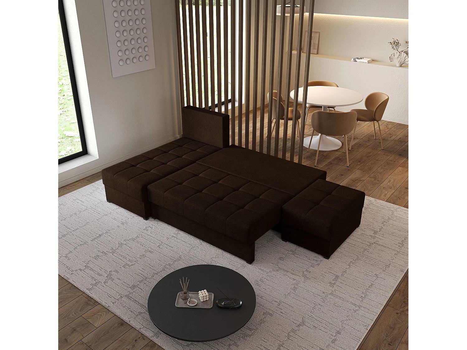 Hoekbank NORVI van fluweel met slaapfunctie Braun