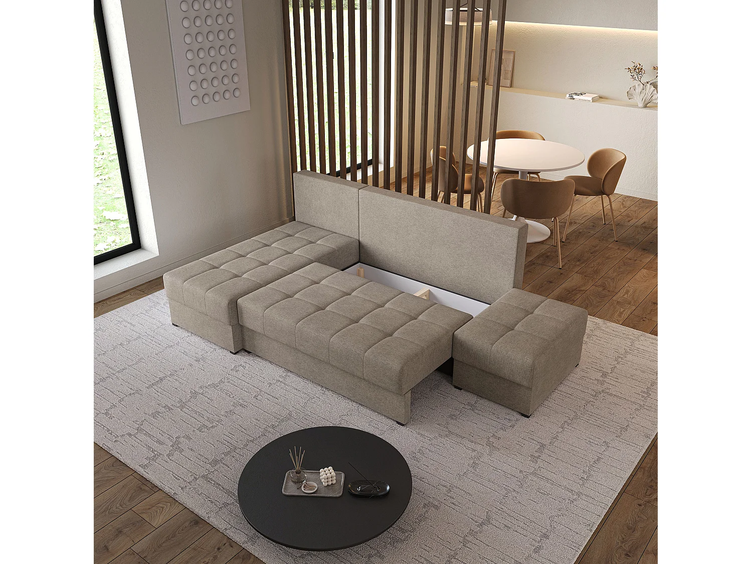 Hoekbank NORVI van fluweel met slaapfunctie Braun