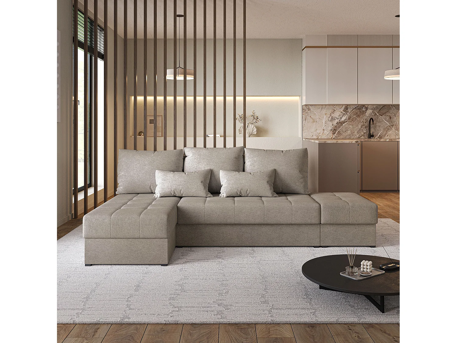 Hoekbank NORVI van fluweel met slaapfunctie Braun