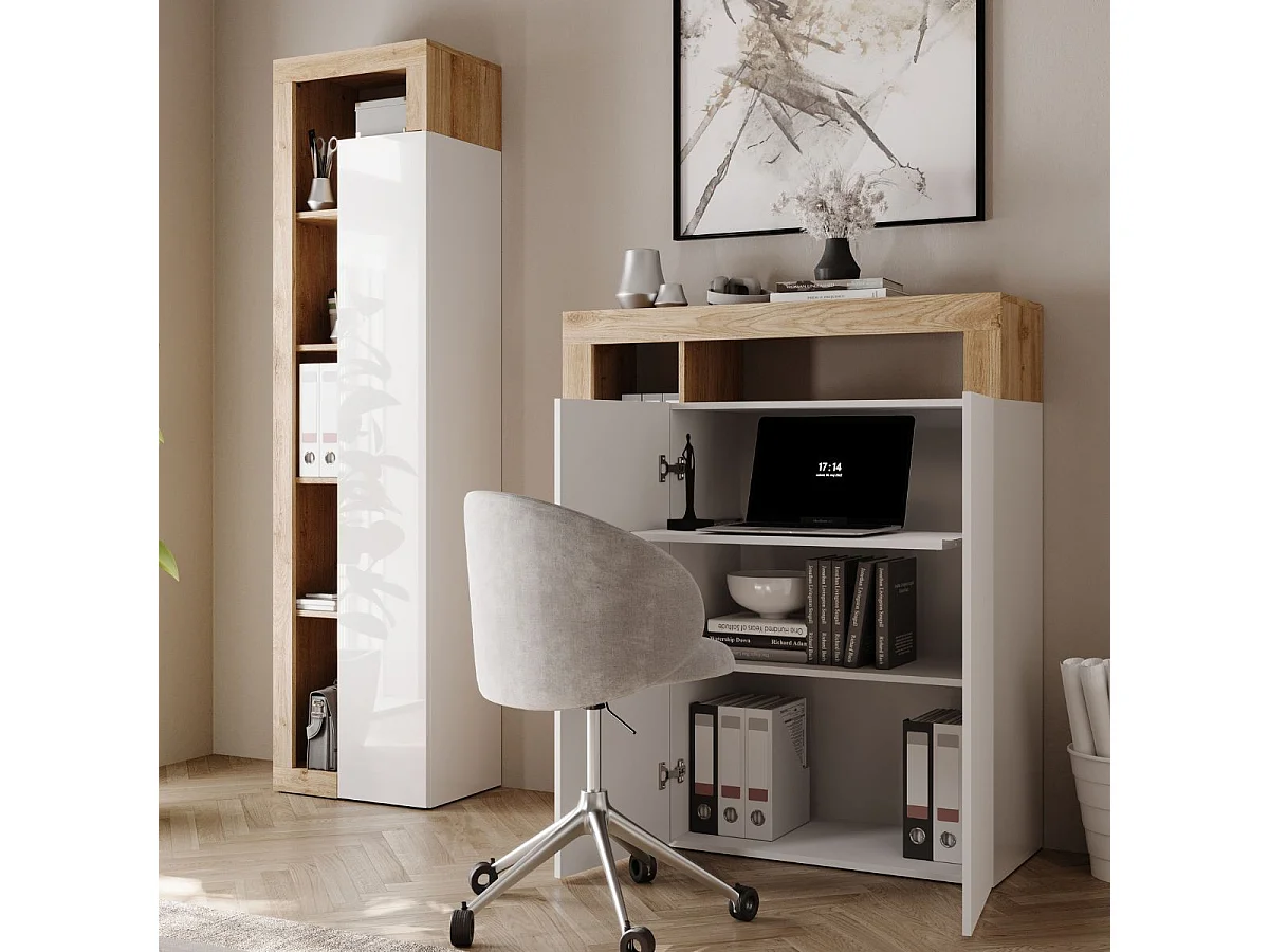 Colonne de rangement avec étagères blanc laqué et aspect bois finition Cadiz - ARTURO