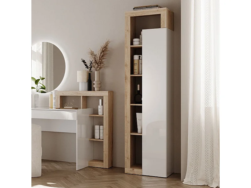 Colonne de rangement avec étagères blanc laqué et aspect bois finition Cadiz - ARTURO