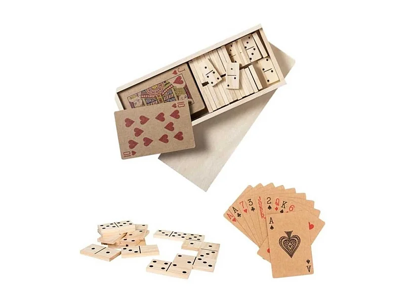 Coffret de jeu 2 en 1 avec domino en bois et jeu de 54 cartes en kraft