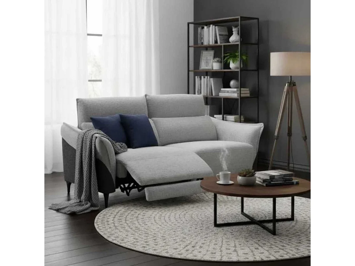 Canapé 2 places relax électrique tissu chenillé bicolore gris et gris carbone - AKENIA