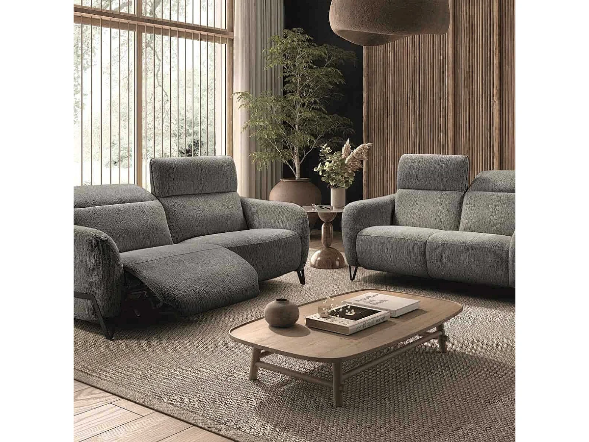 Ensemble Canapé relax électrique + canapé fixe tissu polyester gris - AMSTEN