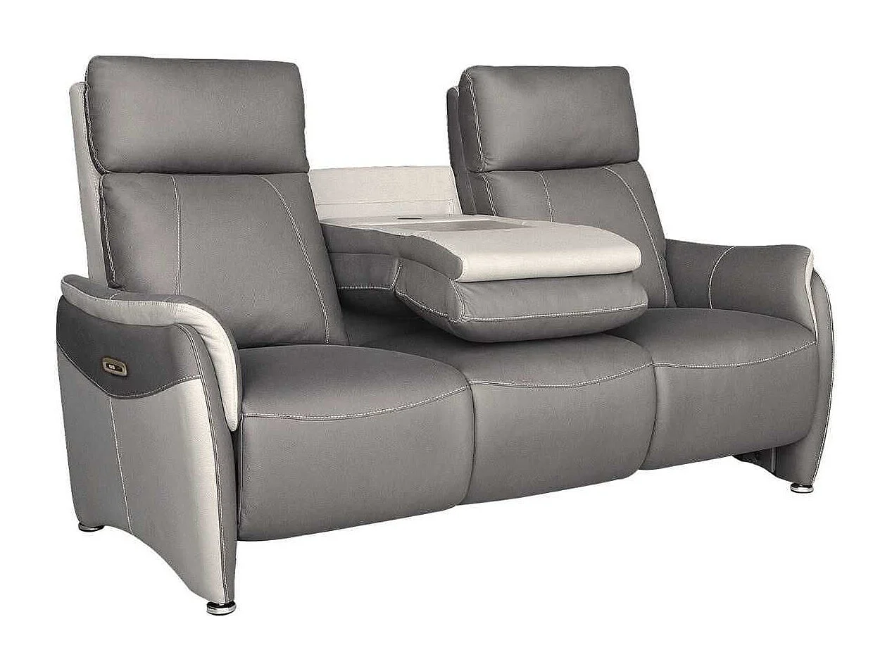 Canapé 3 places relax électrique tissu micro grain gris plomb et gris perle avec tablette centrale - SANGY