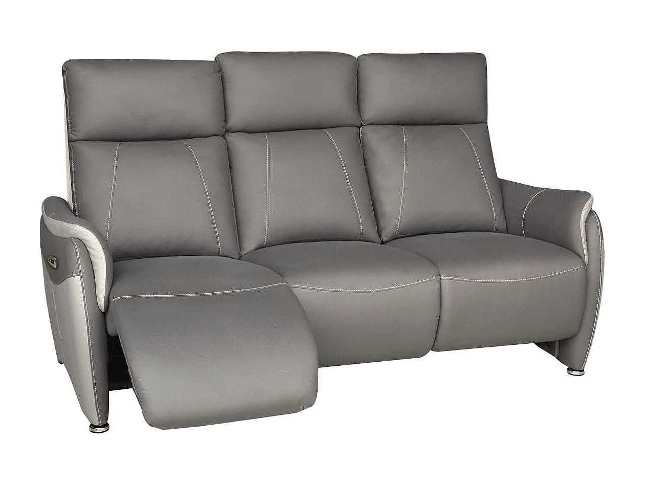 Canapé 3 places relax électrique tissu micro grain gris plomb et gris perle avec tablette centrale - SANGY