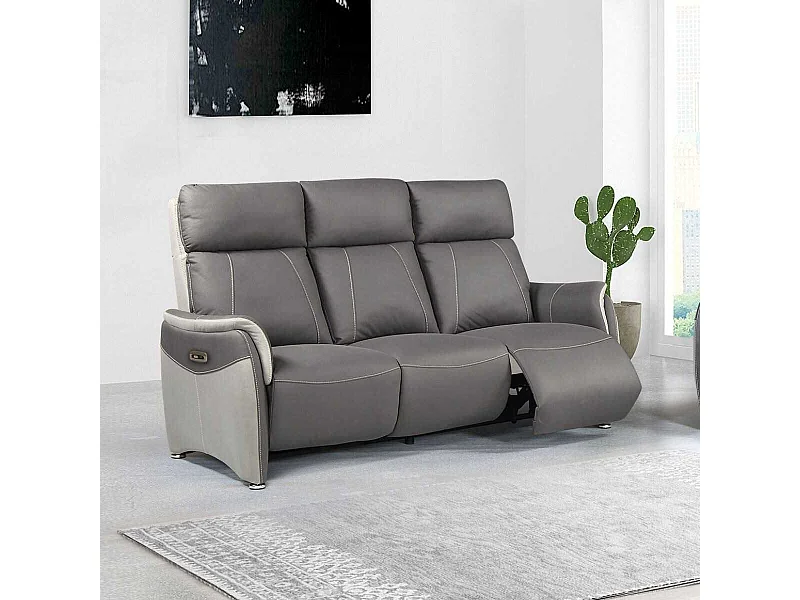 Canapé 3 places relax électrique tissu micro grain gris plomb et gris perle avec tablette centrale - SANGY
