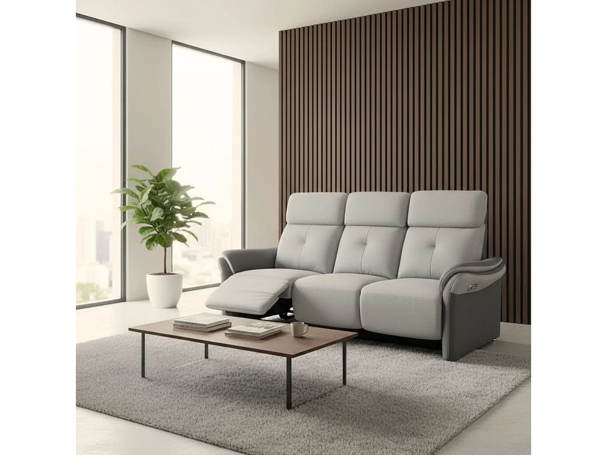 Canapé 3 places relax électrique tissu micro grain gris perle et gris plomb + tablette centrale imitation noyer - DJINO