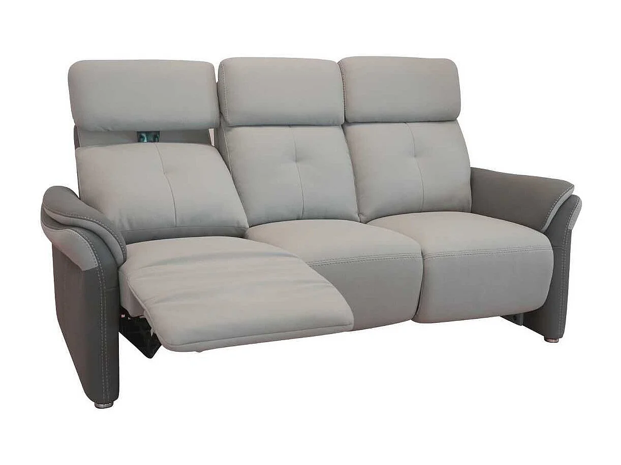 Canapé 3 places relax électrique tissu micro grain gris perle et gris plomb + tablette centrale imitation noyer - DJINO