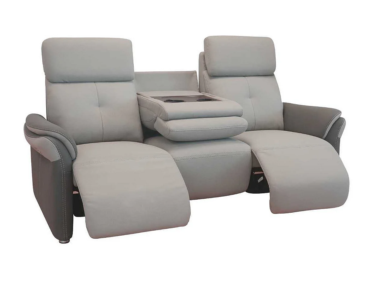 Canapé 3 places relax électrique tissu micro grain gris perle et gris plomb + tablette centrale imitation noyer - DJINO