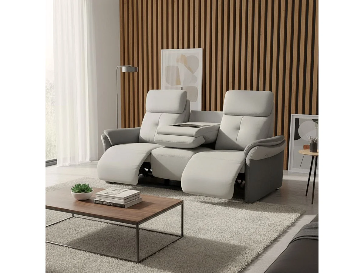 Canapé 3 places relax électrique tissu micro grain gris perle et gris plomb + tablette centrale imitation noyer - DJINO