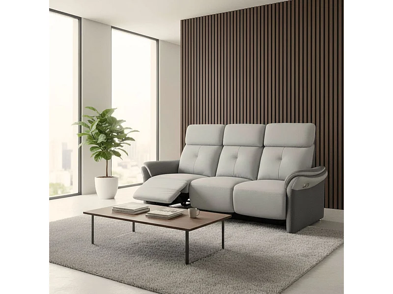 Canapé 3 places relax électrique tissu micro grain gris perle et gris plomb + tablette centrale imitation noyer - DJINO