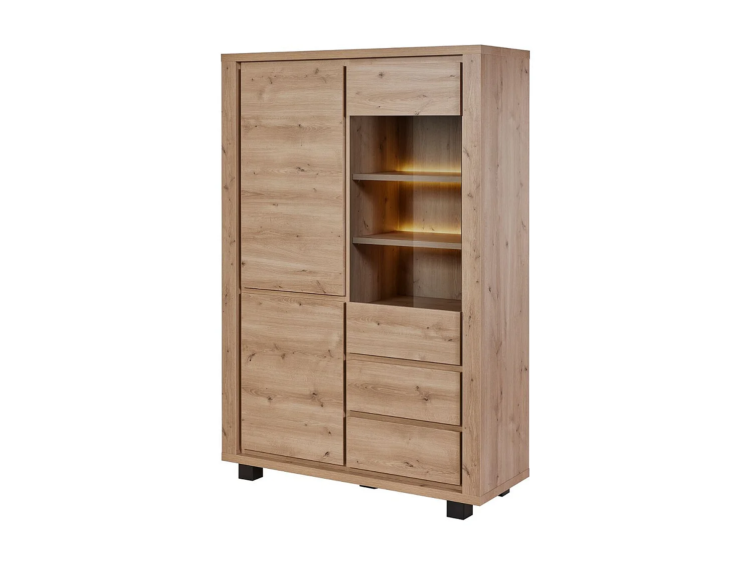 Argentier 4 portes dont 1 vitrée avec éclairage leds aspect bois finition Hudson Oak - URIDSON