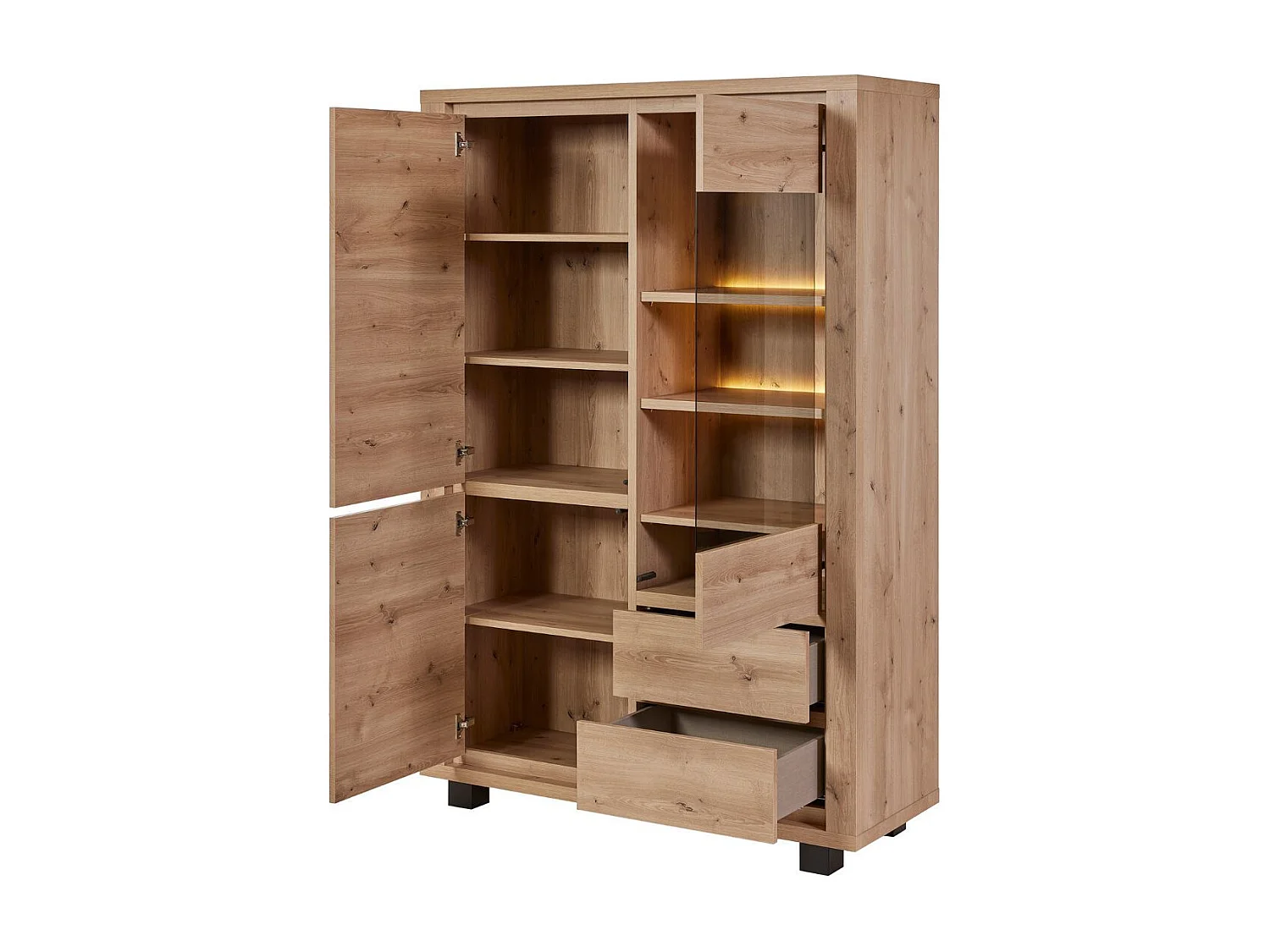 Argentier 4 portes dont 1 vitrée avec éclairage leds aspect bois finition Hudson Oak - URIDSON