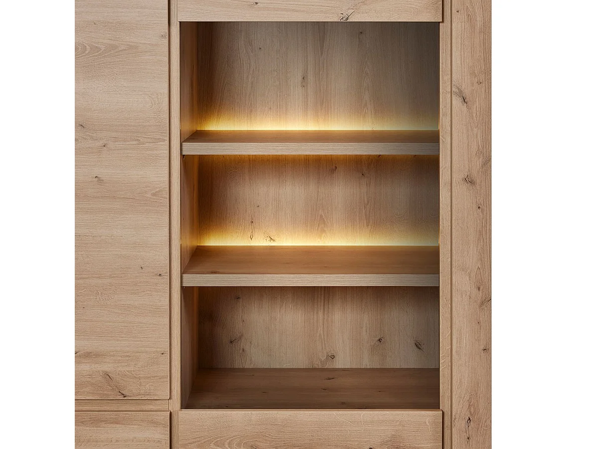 Argentier 4 portes dont 1 vitrée avec éclairage leds aspect bois finition Hudson Oak - URIDSON