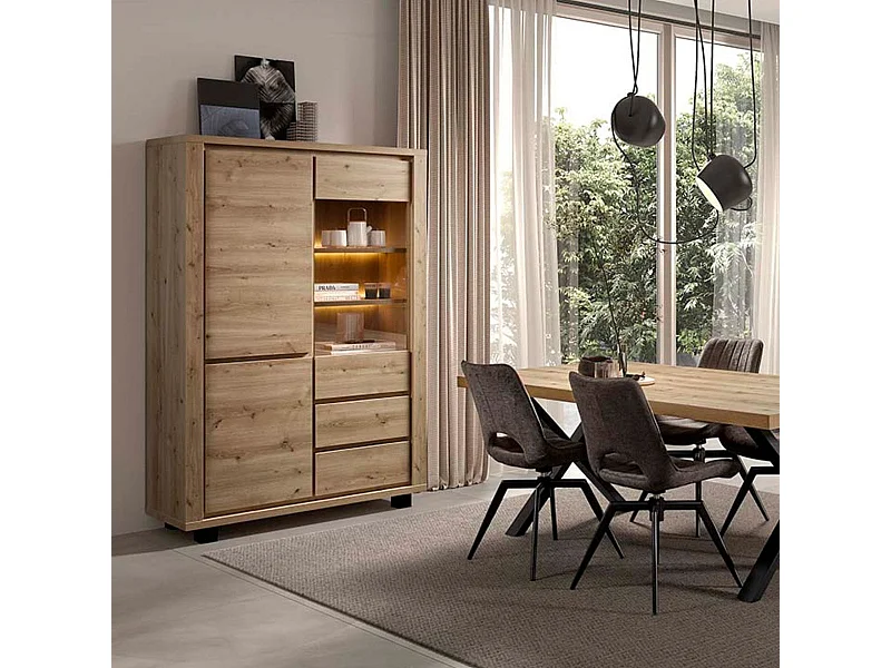 Argentier 4 portes dont 1 vitrée avec éclairage leds aspect bois finition Hudson Oak - URIDSON